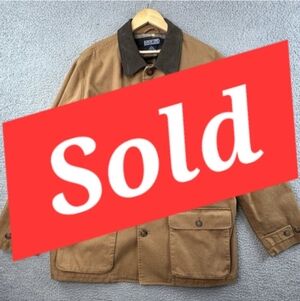 VTG Land's End Chore Coat Mens XL Tan Canvas Barn Flannel Lined Leather Collar